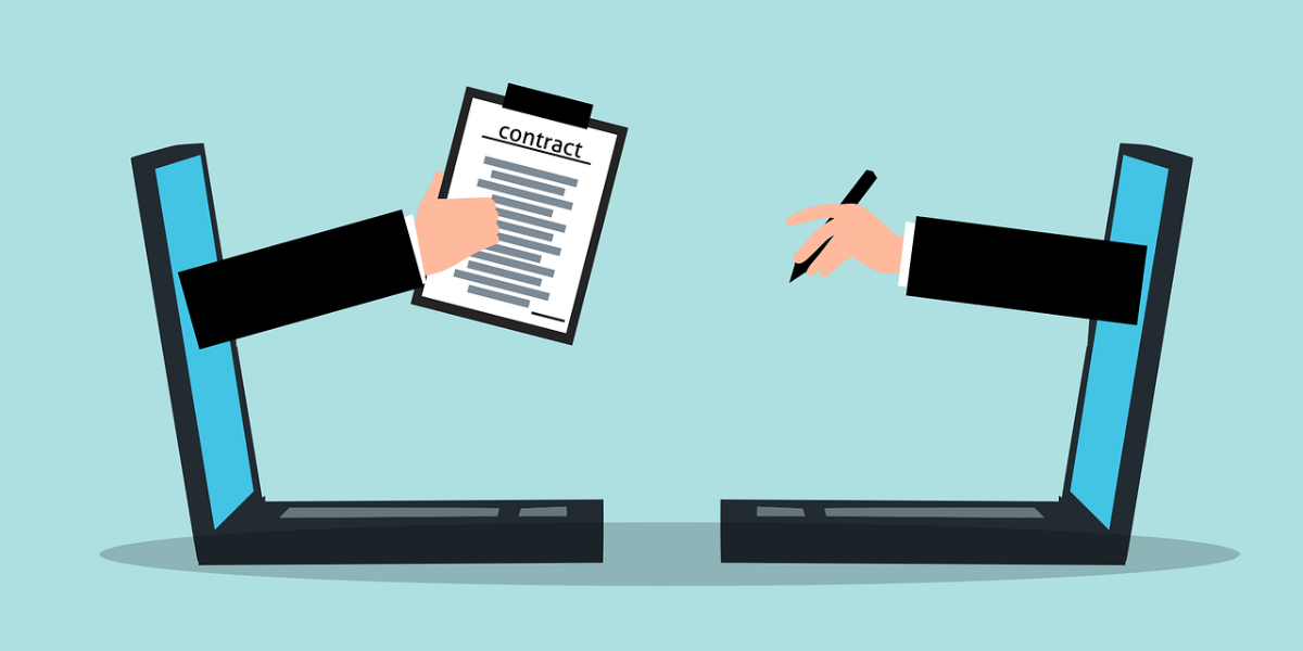 arms reaching through laptop screens to sign a contract